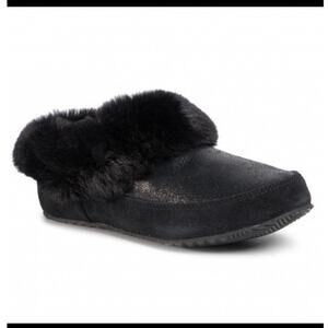 Sorel Go Coffee Run Slipper Black Suede Metallic Top Faux Fur Size 7